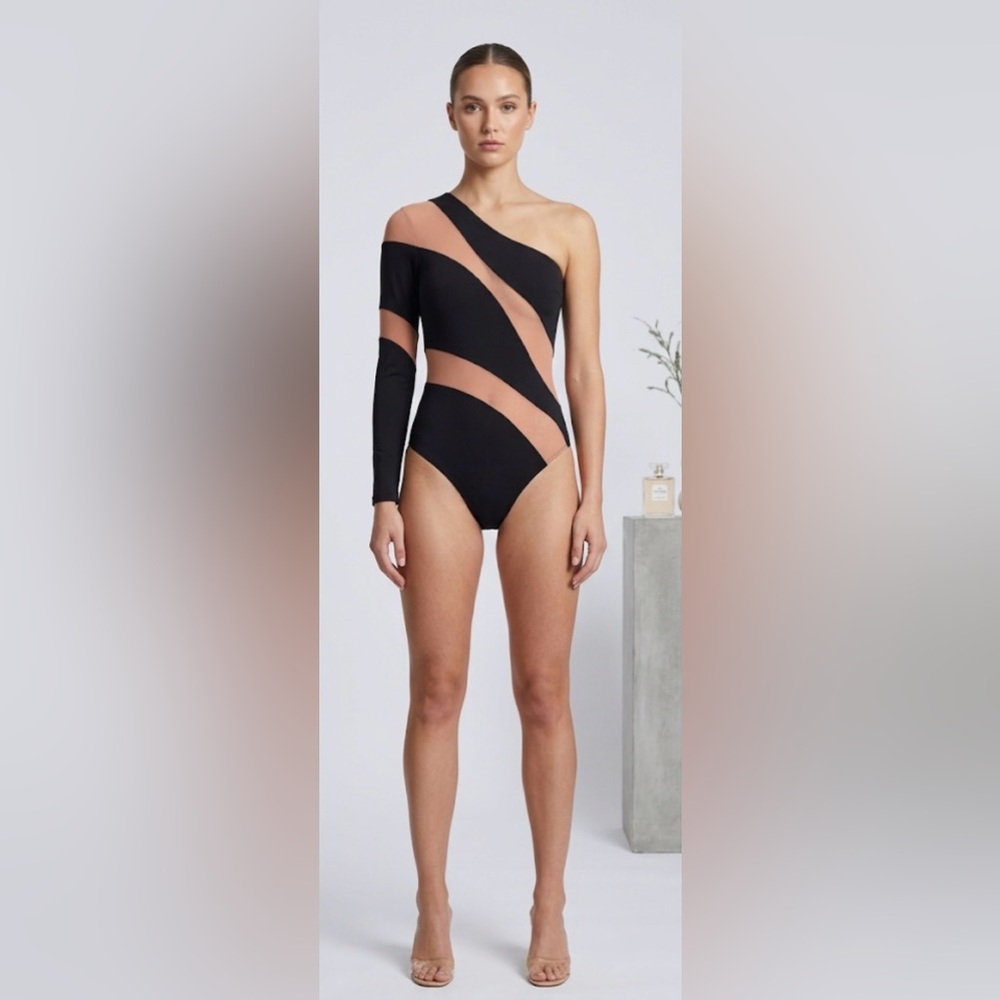 One-Shoulder Black Bodysuit with Diagonal Stripes